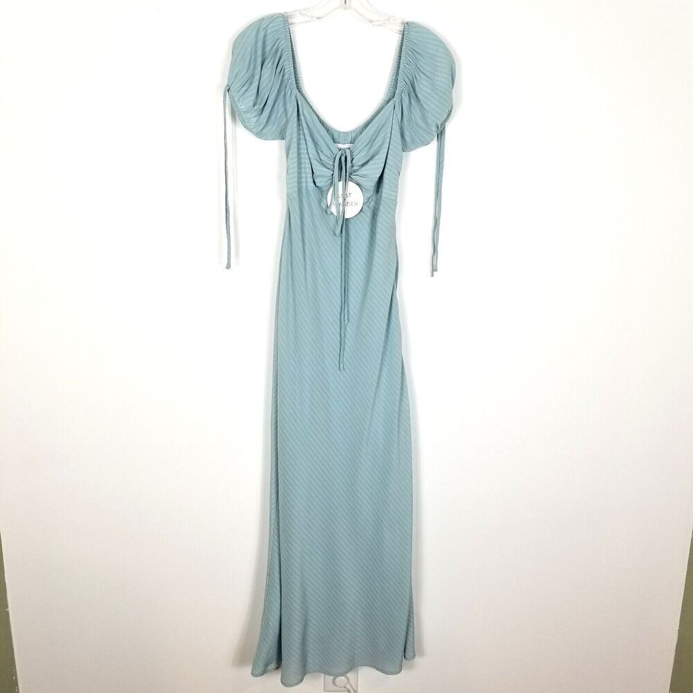 Lost + Wander Women Light Blue Striped  Midi Dress Puff Tie Sleeve Size S Summer